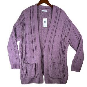 Hooked Up Purple Cable Knit Open Front Cardigan Sweater Valerian Medium NWT Cozy